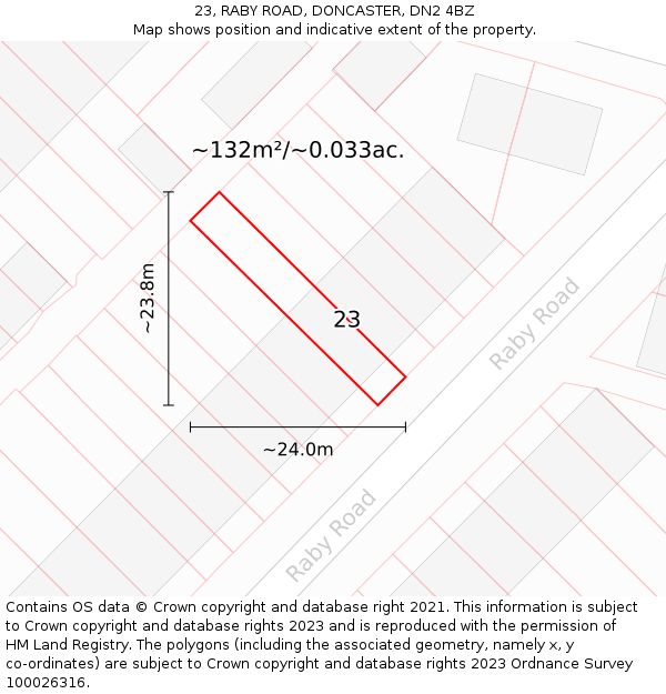 23, RABY ROAD, DONCASTER, DN2 4BZ: Plot and title map