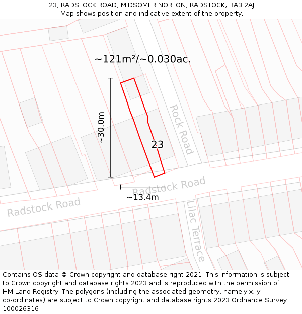 23, RADSTOCK ROAD, MIDSOMER NORTON, RADSTOCK, BA3 2AJ: Plot and title map