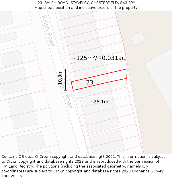 23, RALPH ROAD, STAVELEY, CHESTERFIELD, S43 3PY: Plot and title map