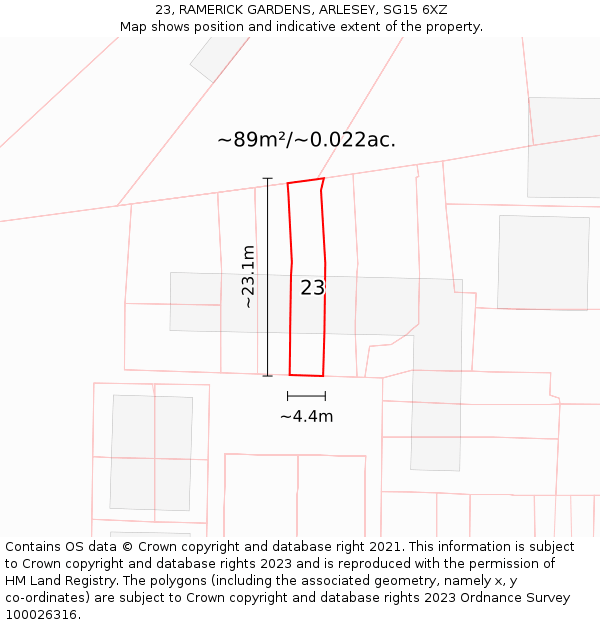 23, RAMERICK GARDENS, ARLESEY, SG15 6XZ: Plot and title map