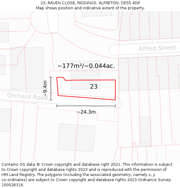 23, RAVEN CLOSE, RIDDINGS, ALFRETON, DE55 4DP: Plot and title map