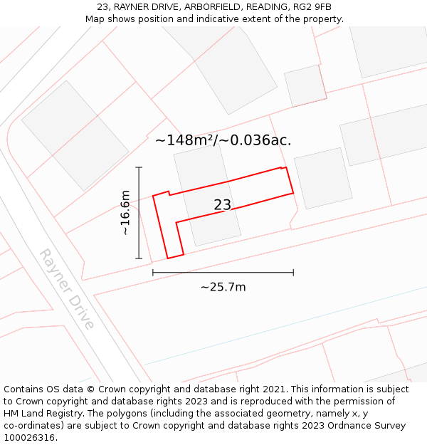 23, RAYNER DRIVE, ARBORFIELD, READING, RG2 9FB: Plot and title map