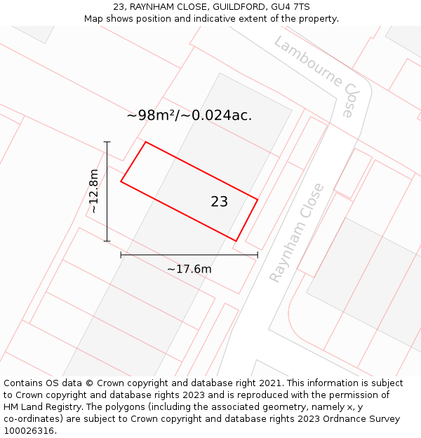 23, RAYNHAM CLOSE, GUILDFORD, GU4 7TS: Plot and title map