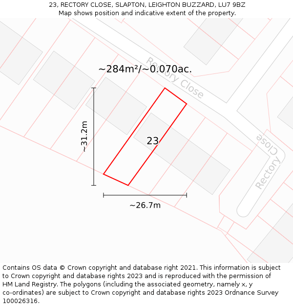 23, RECTORY CLOSE, SLAPTON, LEIGHTON BUZZARD, LU7 9BZ: Plot and title map