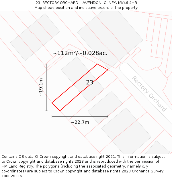 23, RECTORY ORCHARD, LAVENDON, OLNEY, MK46 4HB: Plot and title map