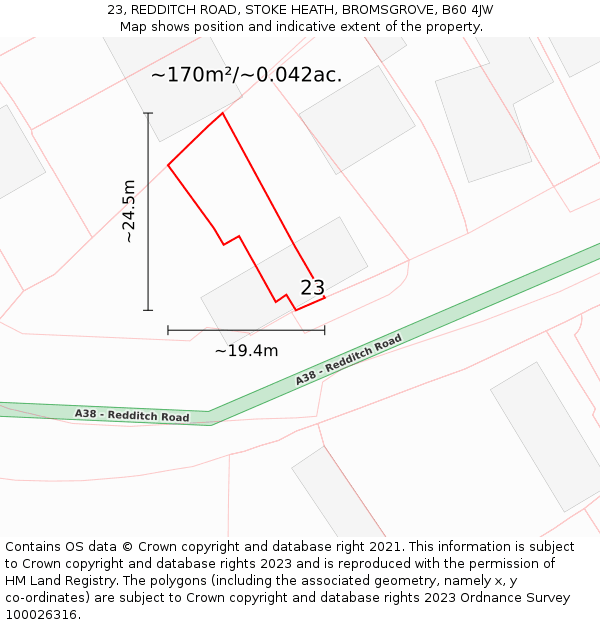 23, REDDITCH ROAD, STOKE HEATH, BROMSGROVE, B60 4JW: Plot and title map