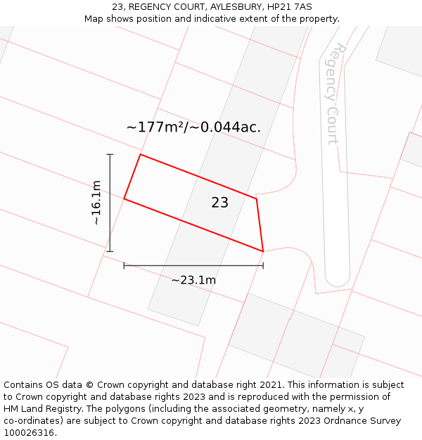 23, REGENCY COURT, AYLESBURY, HP21 7AS: Plot and title map