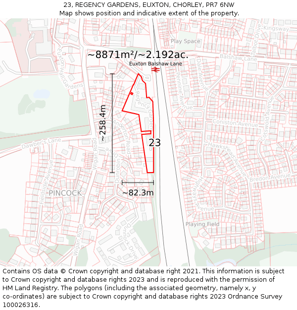 23, REGENCY GARDENS, EUXTON, CHORLEY, PR7 6NW: Plot and title map