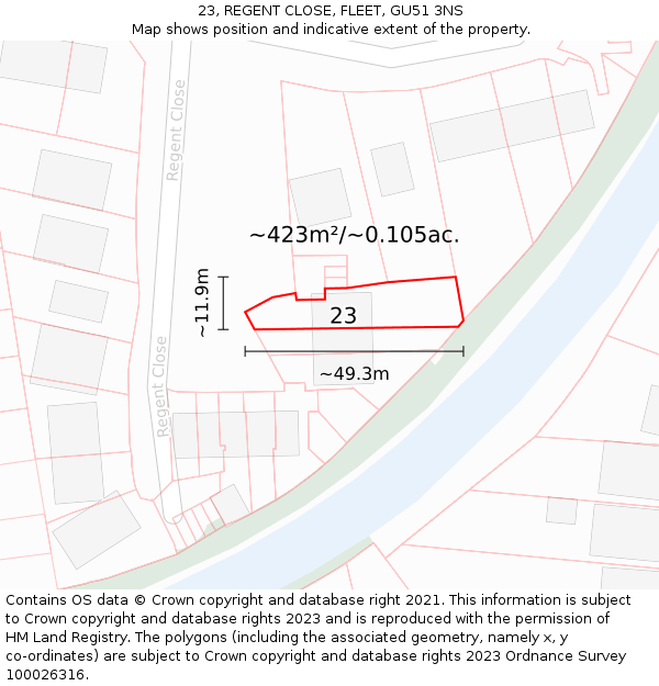 23, REGENT CLOSE, FLEET, GU51 3NS: Plot and title map