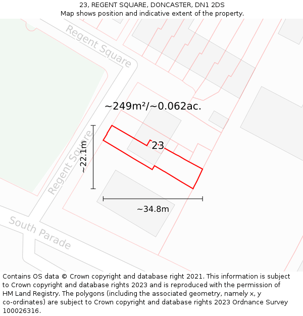23, REGENT SQUARE, DONCASTER, DN1 2DS: Plot and title map