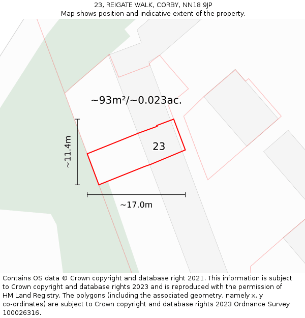 23, REIGATE WALK, CORBY, NN18 9JP: Plot and title map