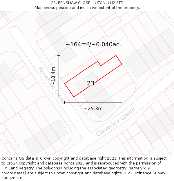 23, RENSHAW CLOSE, LUTON, LU2 8TD: Plot and title map