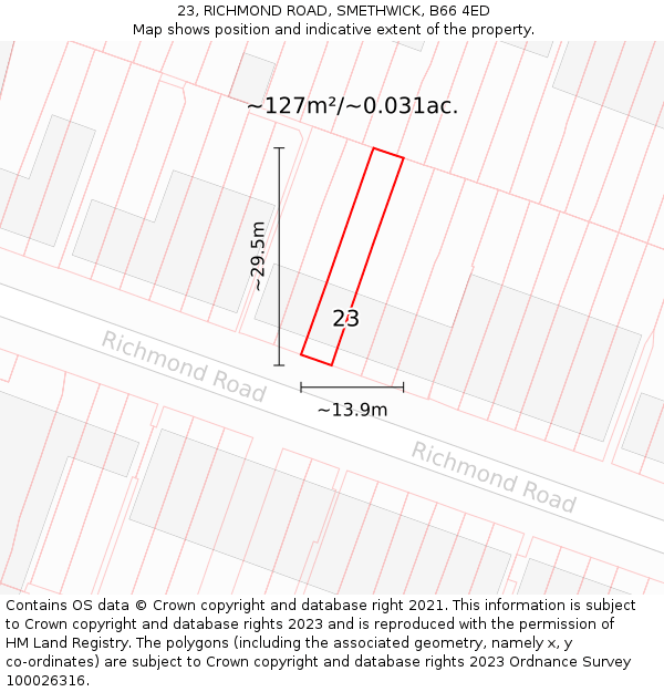 23, RICHMOND ROAD, SMETHWICK, B66 4ED: Plot and title map