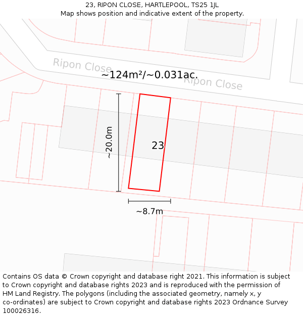 23, RIPON CLOSE, HARTLEPOOL, TS25 1JL: Plot and title map