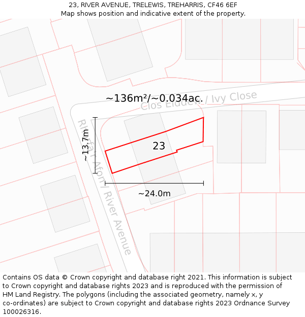 23, RIVER AVENUE, TRELEWIS, TREHARRIS, CF46 6EF: Plot and title map