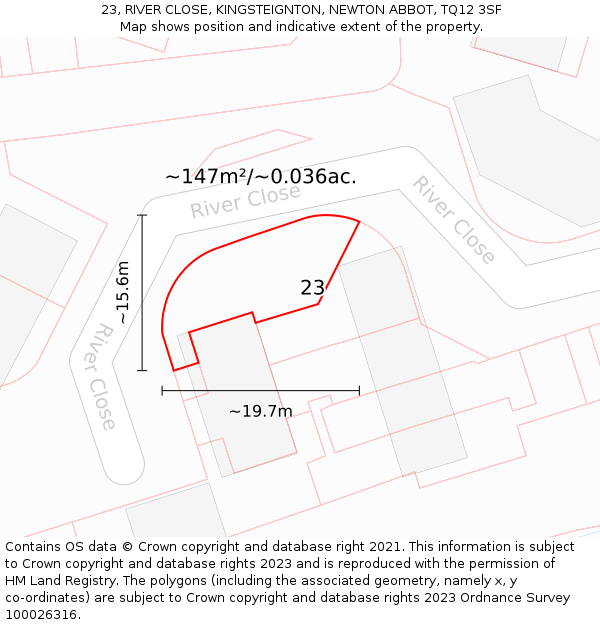 23, RIVER CLOSE, KINGSTEIGNTON, NEWTON ABBOT, TQ12 3SF: Plot and title map