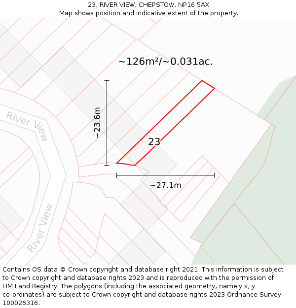 23, RIVER VIEW, CHEPSTOW, NP16 5AX: Plot and title map