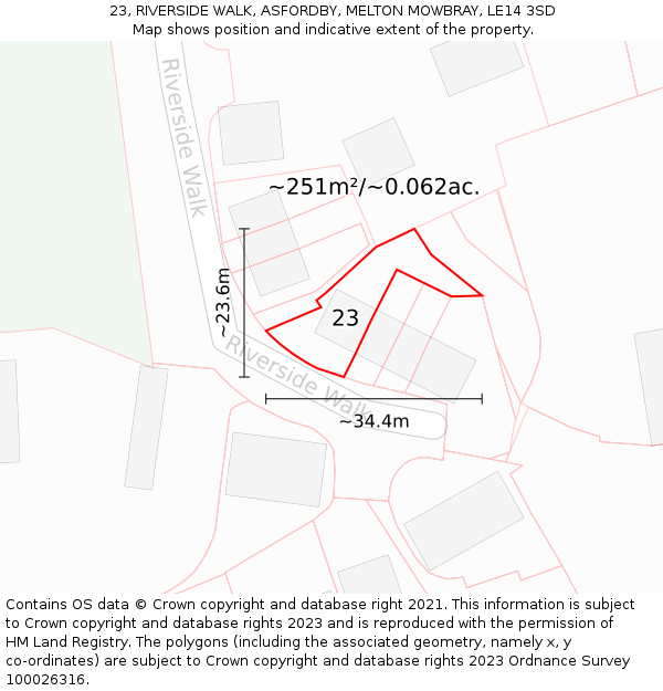 23, RIVERSIDE WALK, ASFORDBY, MELTON MOWBRAY, LE14 3SD: Plot and title map