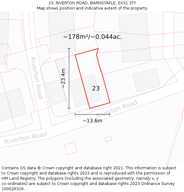 23, RIVERTON ROAD, BARNSTAPLE, EX31 3TY: Plot and title map