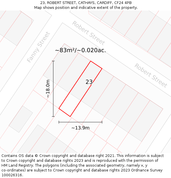 23, ROBERT STREET, CATHAYS, CARDIFF, CF24 4PB: Plot and title map