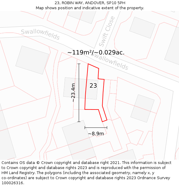 23, ROBIN WAY, ANDOVER, SP10 5PH: Plot and title map