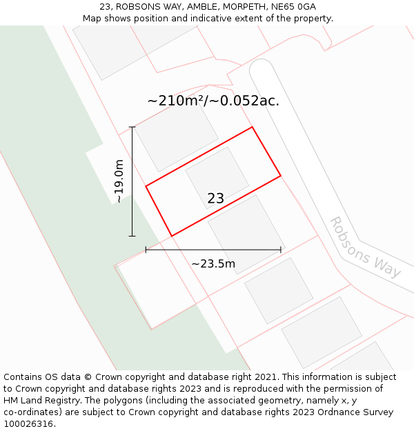 23, ROBSONS WAY, AMBLE, MORPETH, NE65 0GA: Plot and title map