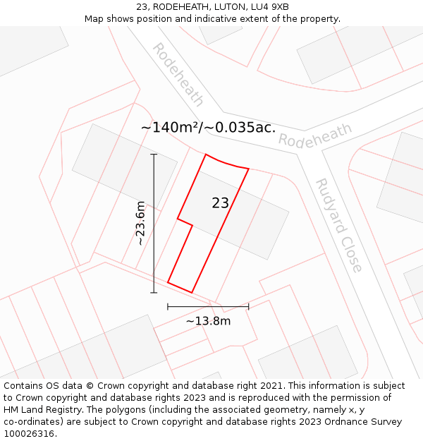 23, RODEHEATH, LUTON, LU4 9XB: Plot and title map