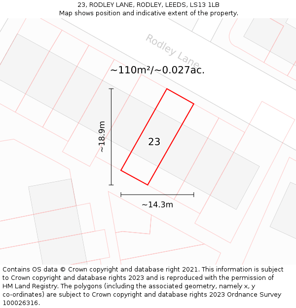 23, RODLEY LANE, RODLEY, LEEDS, LS13 1LB: Plot and title map