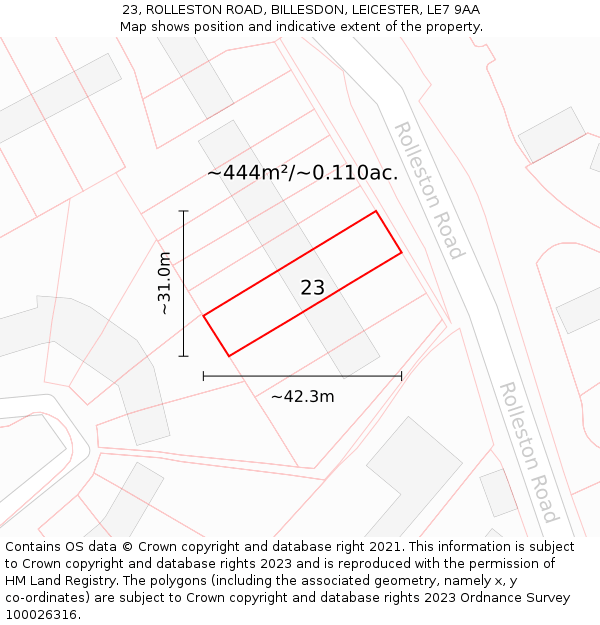 23, ROLLESTON ROAD, BILLESDON, LEICESTER, LE7 9AA: Plot and title map