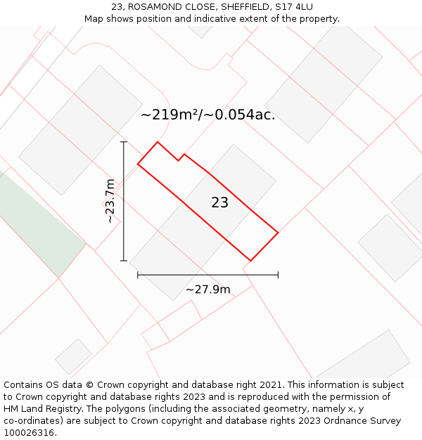23, ROSAMOND CLOSE, SHEFFIELD, S17 4LU: Plot and title map