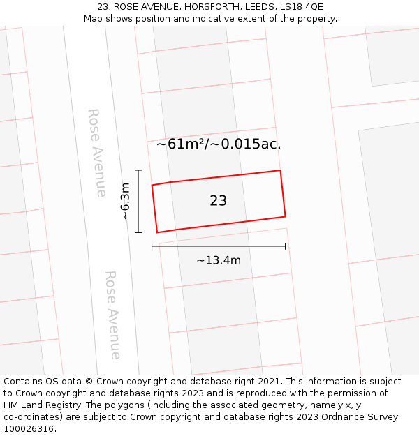 23, ROSE AVENUE, HORSFORTH, LEEDS, LS18 4QE: Plot and title map