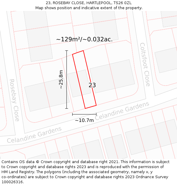 23, ROSEBAY CLOSE, HARTLEPOOL, TS26 0ZL: Plot and title map