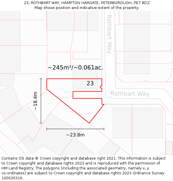 23, ROTHBART WAY, HAMPTON HARGATE, PETERBOROUGH, PE7 8DZ: Plot and title map