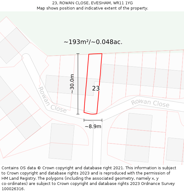 23, ROWAN CLOSE, EVESHAM, WR11 1YG: Plot and title map