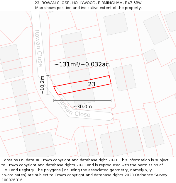 23, ROWAN CLOSE, HOLLYWOOD, BIRMINGHAM, B47 5RW: Plot and title map