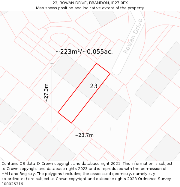 23, ROWAN DRIVE, BRANDON, IP27 0EX: Plot and title map
