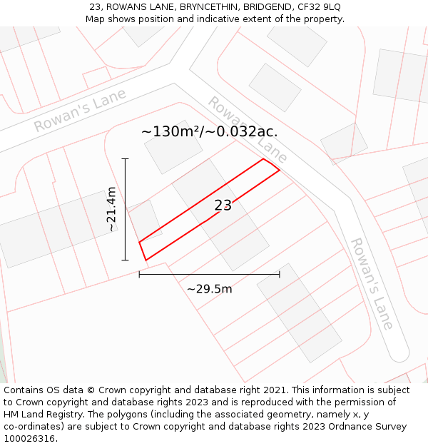 23, ROWANS LANE, BRYNCETHIN, BRIDGEND, CF32 9LQ: Plot and title map