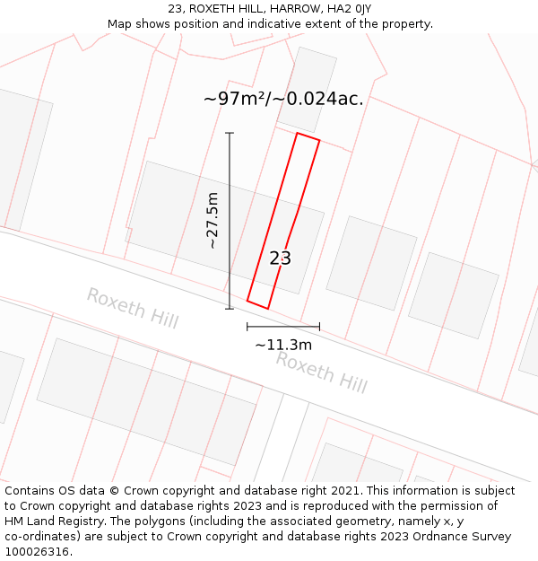 23, ROXETH HILL, HARROW, HA2 0JY: Plot and title map