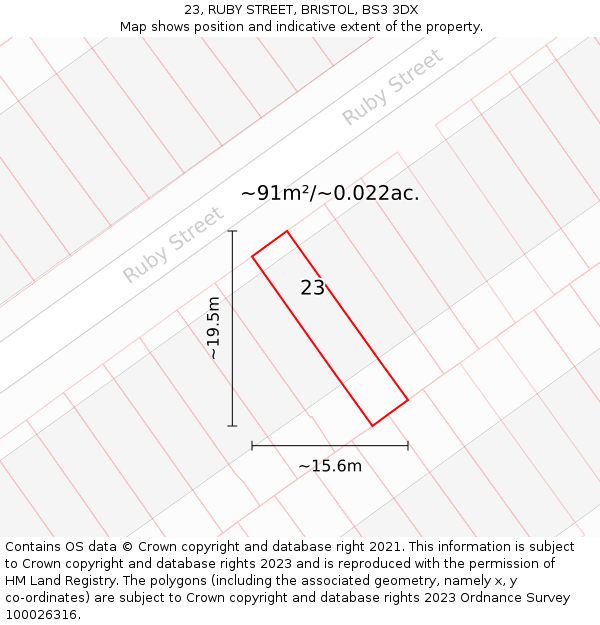 23, RUBY STREET, BRISTOL, BS3 3DX: Plot and title map
