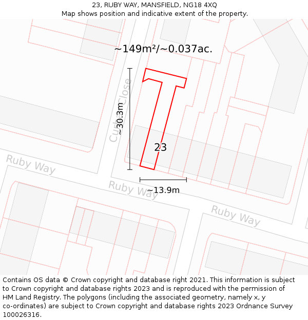 23, RUBY WAY, MANSFIELD, NG18 4XQ: Plot and title map