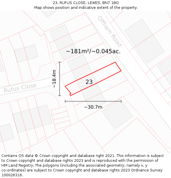 23, RUFUS CLOSE, LEWES, BN7 1BG: Plot and title map
