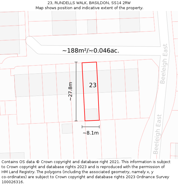 23, RUNDELLS WALK, BASILDON, SS14 2RW: Plot and title map
