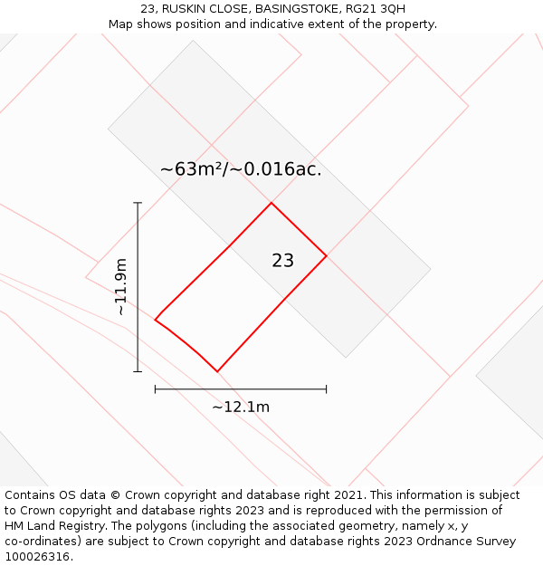 23, RUSKIN CLOSE, BASINGSTOKE, RG21 3QH: Plot and title map