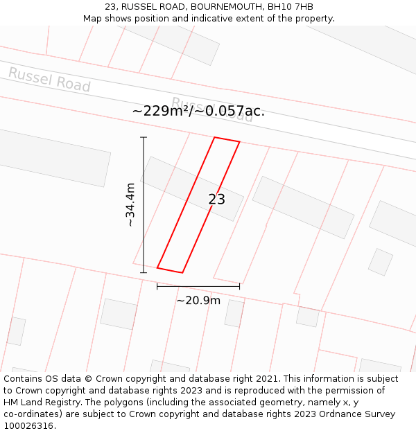 23, RUSSEL ROAD, BOURNEMOUTH, BH10 7HB: Plot and title map