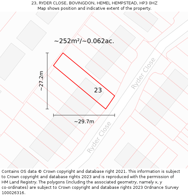 23, RYDER CLOSE, BOVINGDON, HEMEL HEMPSTEAD, HP3 0HZ: Plot and title map