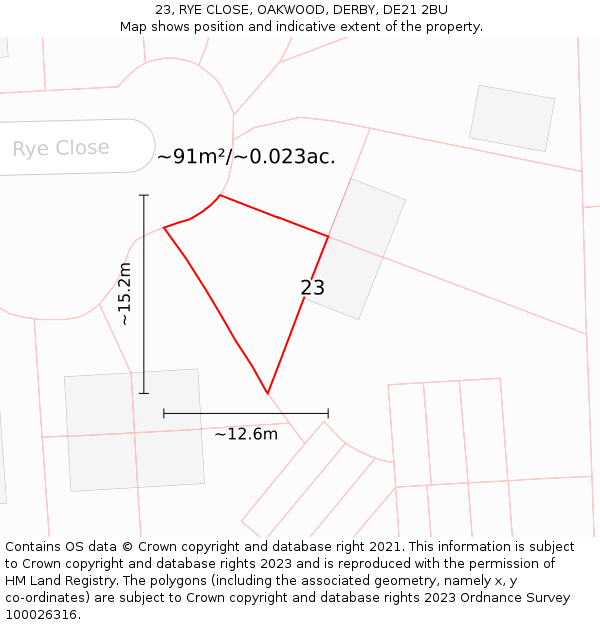 23, RYE CLOSE, OAKWOOD, DERBY, DE21 2BU: Plot and title map