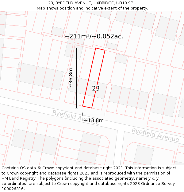 23, RYEFIELD AVENUE, UXBRIDGE, UB10 9BU: Plot and title map
