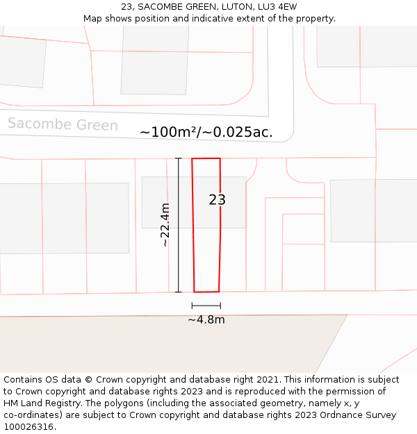 23, SACOMBE GREEN, LUTON, LU3 4EW: Plot and title map