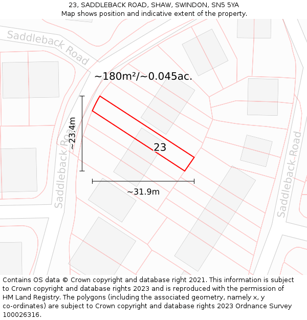 23, SADDLEBACK ROAD, SHAW, SWINDON, SN5 5YA: Plot and title map