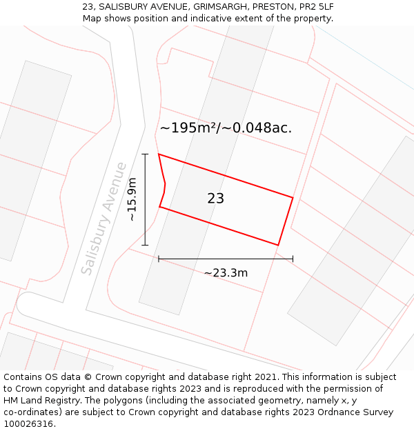 23, SALISBURY AVENUE, GRIMSARGH, PRESTON, PR2 5LF: Plot and title map